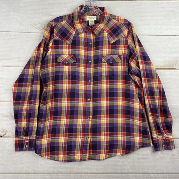Wrangler Pearl Snap Shirt Womens XL Multi Color Plaid Flannel Western Cowgirl - Picture 1 of 9